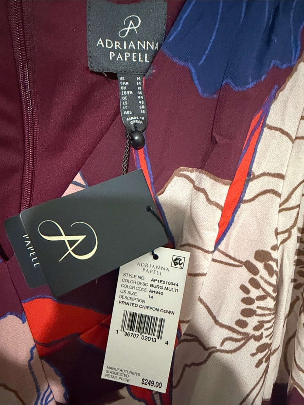 Adrianna Papell Burgundy Floral Maxi Dress with Pink and Blue Accents - Picture 2 of 6